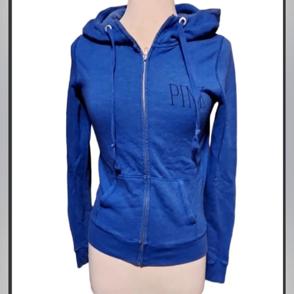 vs pink hoodie XS Jacket Zipup Blue Leopard Print Soft Warm Top Shirt Sw…